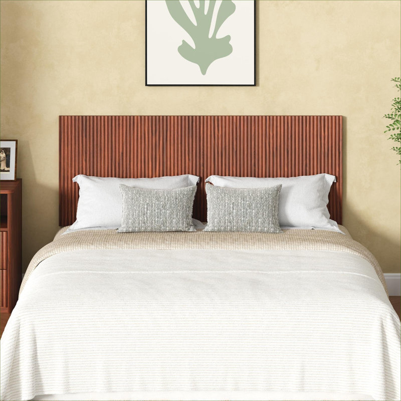 Brown-toned MDF Wall-Mounted Headboard for Queen Size Bedroom, Modern Bohemian Wavy Vertical Wood Grain Design, Brown