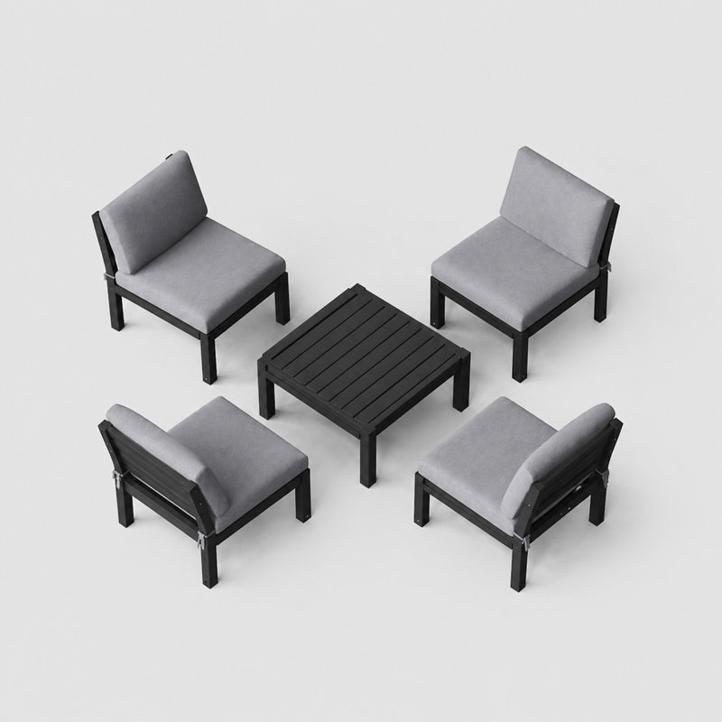 4 - Person Modular Patio Conversation Sets With Cushions, 5-Piece Outdoor All-Weather Waterproof HIPS Sofa Seating Group, Black