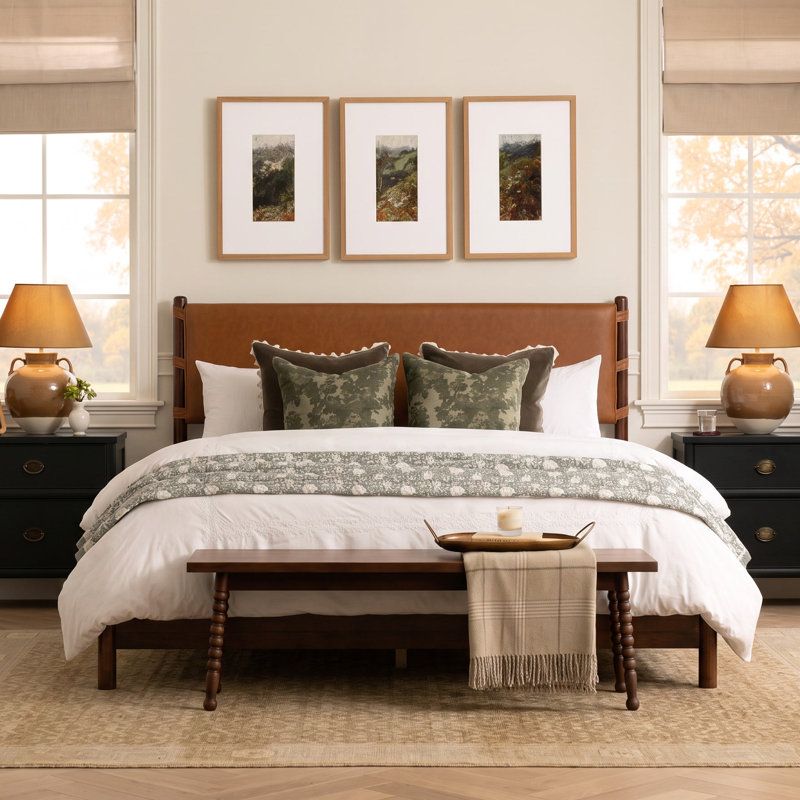 Lit plateforme Ulton Mid-Century Modern Wood Post avec tête de lit tapissier en polyuréthane, pieds en bois massif et support de matelas intégré