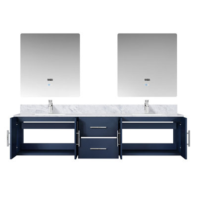 Navy Blue Double Bath Vanity 80 in. W x 22 in. D, Carrara Marble Top, Faucet Set, and 30 in. LED Mirrors