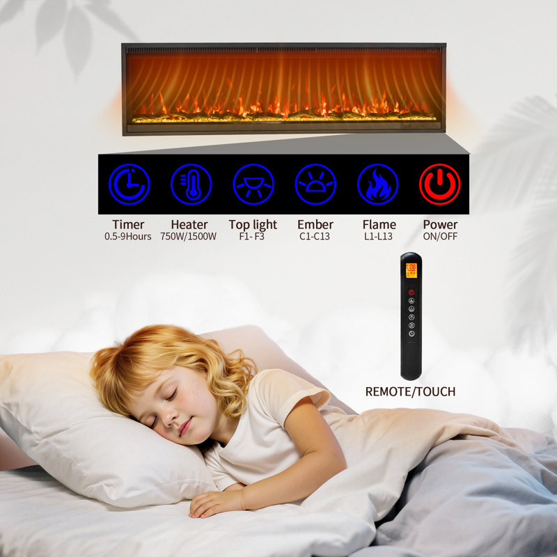 50" Ultra-Narrow Bezel Electric Fireplace Recessed & Wall Mounted Heater, CSA Certified