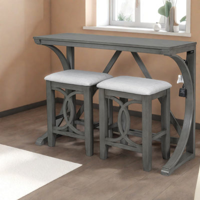 Space-saving Gray Dining Table Sets With Usb, Solid Wood Farmhouse Decor