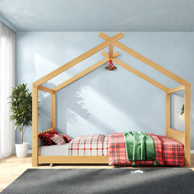 Charmants lits maison en bois massif pour enfants, style Montessori, finition naturelle