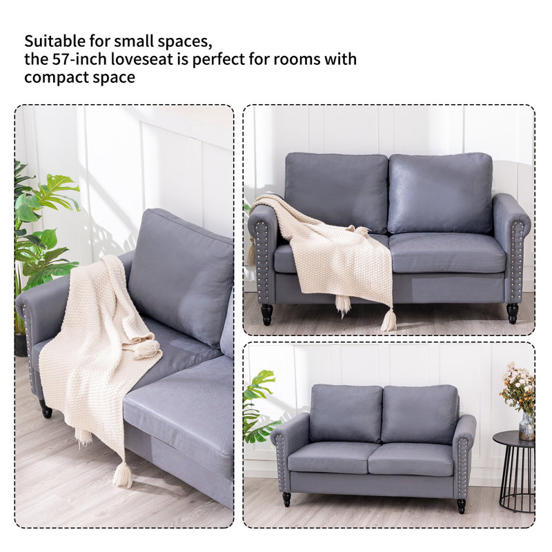 Causeuse à accoudoirs roulés 57 po, H 35 po x l 57 po x P 28,3 po, Similicuir gris