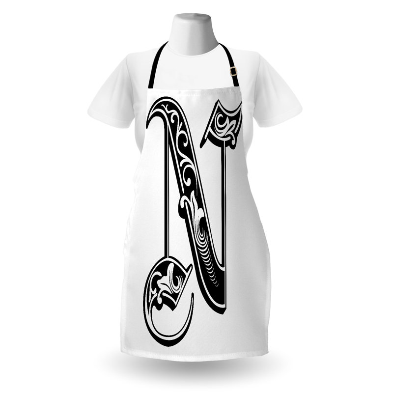 Tablier East Urban Home lettre N unisexe, style victorien gothique, taille adulte, noir et blanc