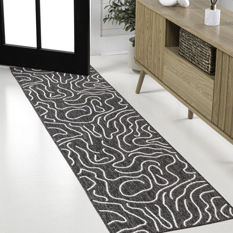 Numra Modern Coastal Organic Shapes Black/Cream Indoor/Outdoor Rug, Runner 2' x 7'10"