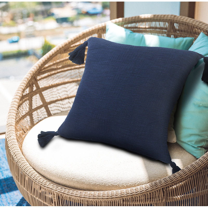 Navy Blue Cotton Reversible Throw Pillow with Tassels, 20" x 20"