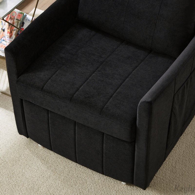 Chaise convertible pliante rembourrée avec dossier réglable à 5 positions, poches latérales et panier de rangement, Noir