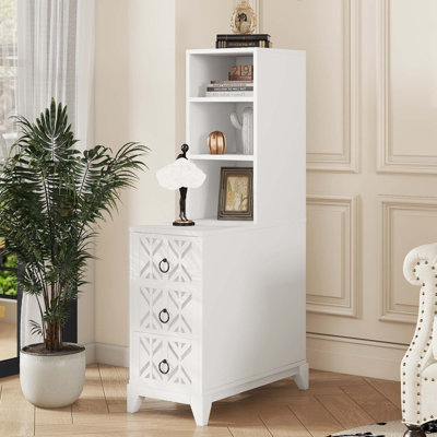 Table de bout avec 3 tiroirs, table de coin avec 2 tablettes ouvertes
