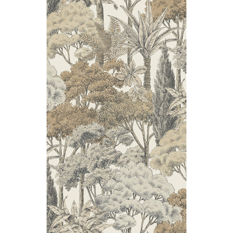 Papier peint texturé non tissé doux et ambré à motif de palmiers et d'arbres tropicaux Pi., Brun