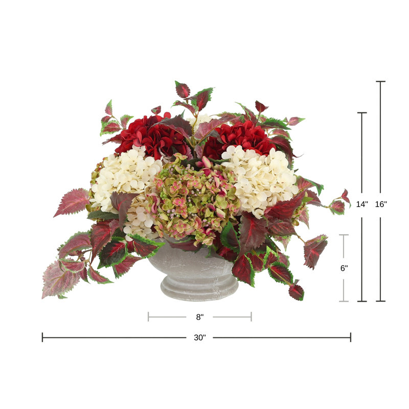 Assorted Hydrangeas and Ivy Arranged in Stone Pot