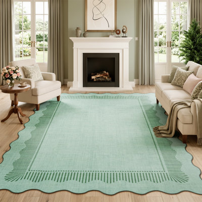 Green Scalloped Edge Border Washable Non-Slip Area Rug for Living Room, Bedroom or Office
