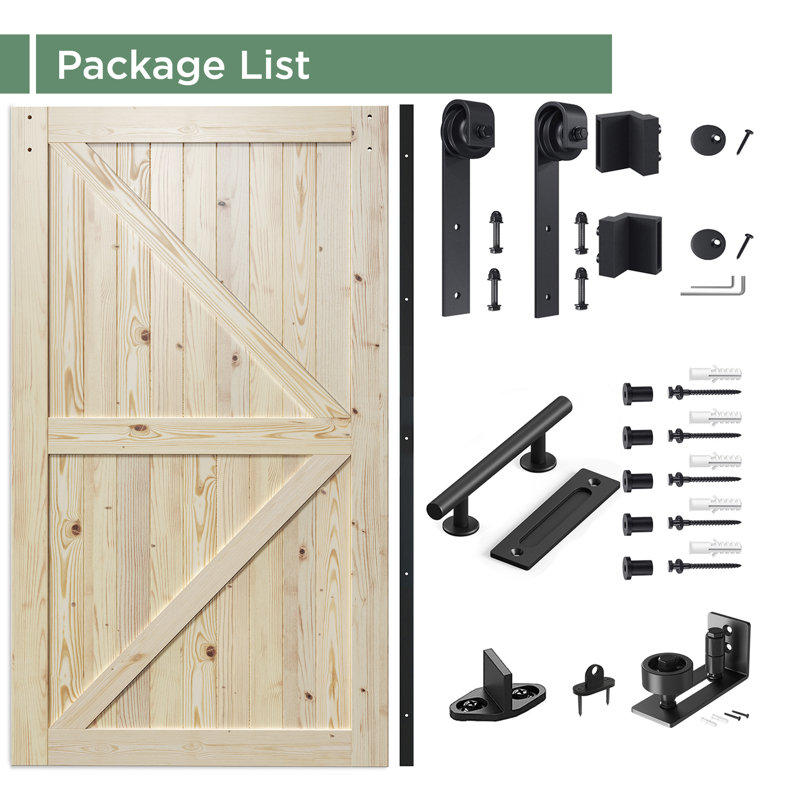 Porte de grange à panneaux en bois massif avec trousse de quincaillerie d'installation, 54 po x 96 po, Non fini