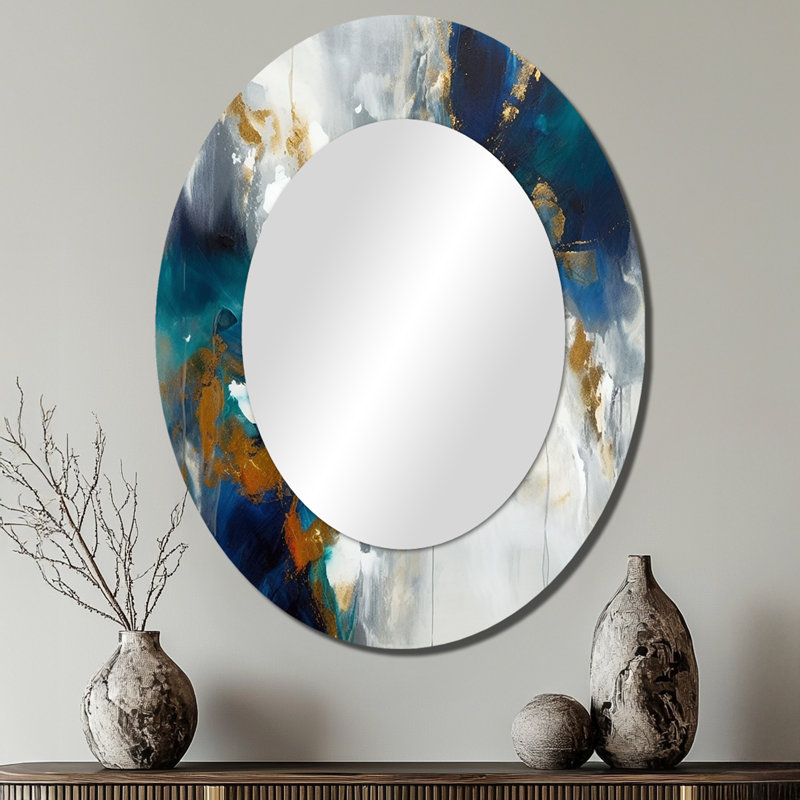 Deep Knowing Abstract In Royal Blue And Gold VI - Modern Oval Wall Mirror, 40" x 30"