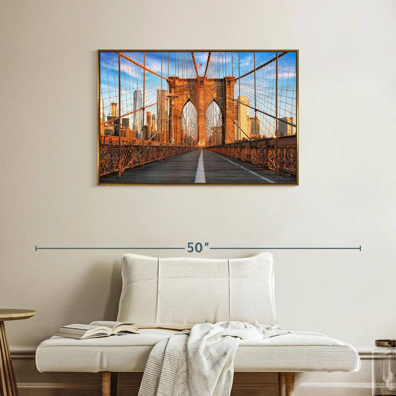 Brooklyn Bridge Pedestrian Walkway, Floating Frame Gold, 37" X 25"