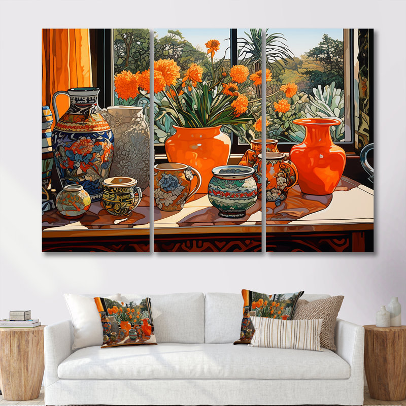 Fleurs orange, vase orange, ensemble de salon mural art floral, Toile tendue, H 40 po x l 60 po x P 1 po