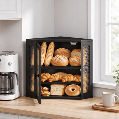 Bamboo Corner Bread Box for Kitchen Counter, Space-Saving Bread Storage Bin with Acrylic Door, Large Capacity Bread Keeper