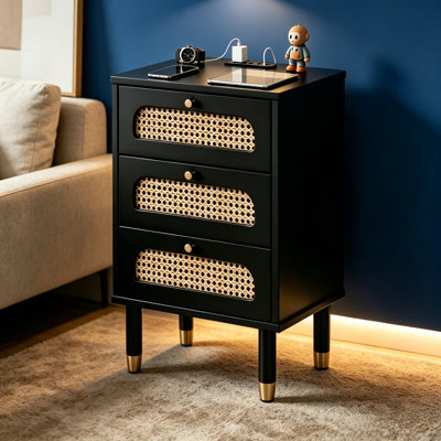 Black Rattan Nightstand with Charging Station, 3 Drawer Bedside Table Built-in USB Ports & Power Outlets