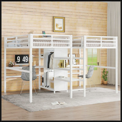 Lit mezzanine simple au-dessus d'un lit simple en métal avec bureau double, armoire, tablettes et prises électriques pour économiser de l'espace et réduire le bruit