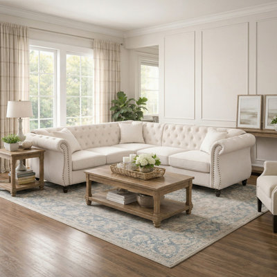L-Shaped Chesterfield Style Sectional Sofa, 5-Seat Upholstered Couch with Button Tufted Back, Nailhead Trim & Curved Arms, Solid Wood Frame Living Room Sofa for Traditional and Modern Home