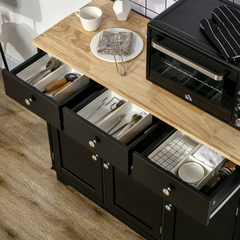 Buffet de rangement pour îlot de cuisine de 39,7 po de largeur avec plateau en bois d'hévéa massif, 3 tiroirs et tablette réglable