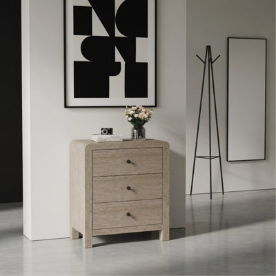 Commode 3 tiroirs en bois naturel d'une largeur de 23,6 po - Design moderne d'angle arrondi