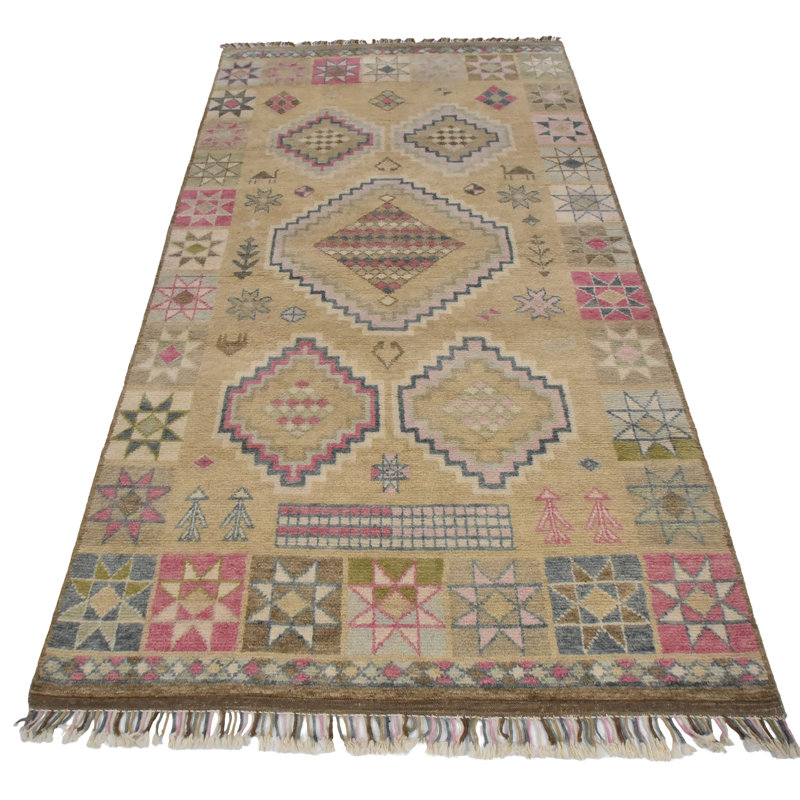 Tapis unique en laine noué à la main beige / rose / bleu de 6 pi 2 po x 10 pi 8 po