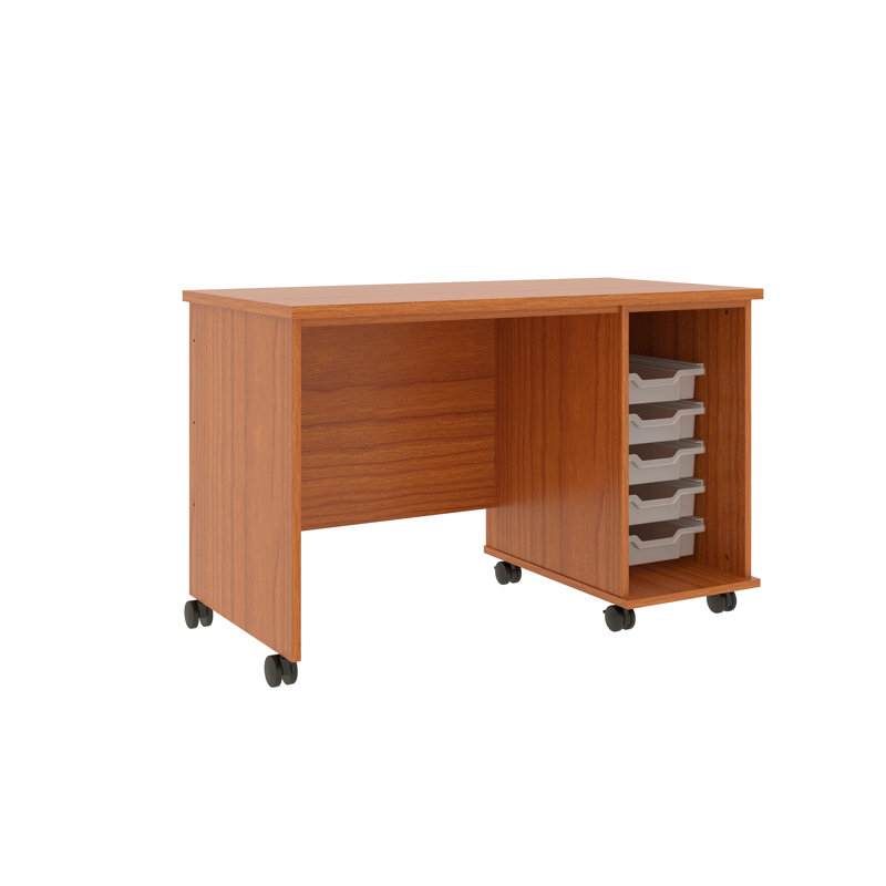 Bureau pour enseignant l 48 po x P 24 po x H 30 po avec 5 bacs de rangement et roulettes verrouillables, Cerisier