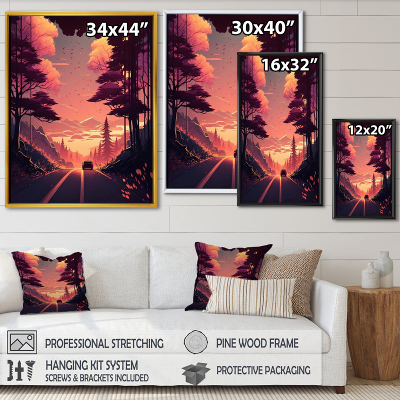 «Road to the Sunset IV», reproduction sur toile, L 24 po x H 32 po, Cadre flottant noir