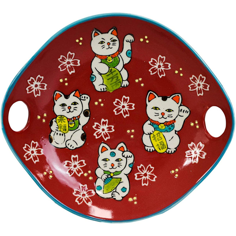 Ebros Red Maneki Neko Lucky Cat, apéritif, assiette de service, coupe, assiette, plat, baguettes et ensemble de repos intégré, petit bol plat pour plat de service de crème glacée à hors-d'œuvre (2)
