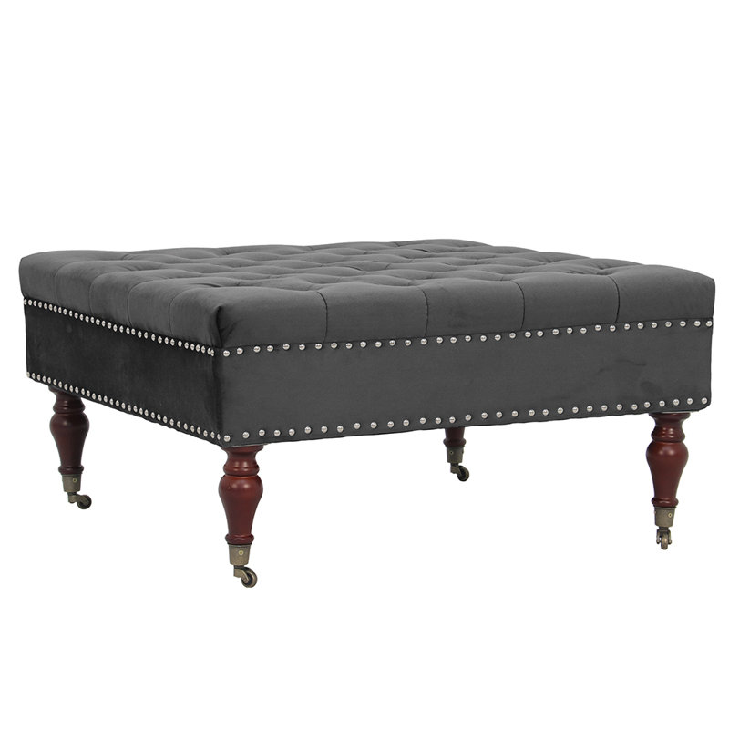 Repose-pieds carré tapissier Bakri, 100 % polyester gris foncé