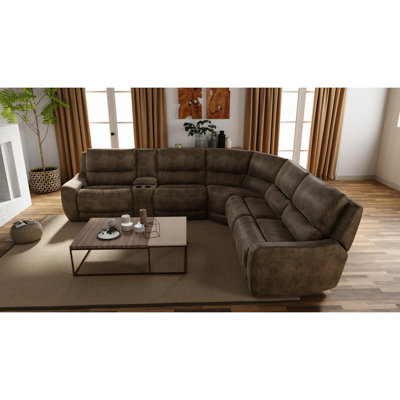 Canapé d'angle inclinable électrique 6 pièces avec tissu performant, repose-pieds motorisés, ports USB-C et porte-gobelets amovibles pour la maison. Console centrale en forme de L, confort optimal.