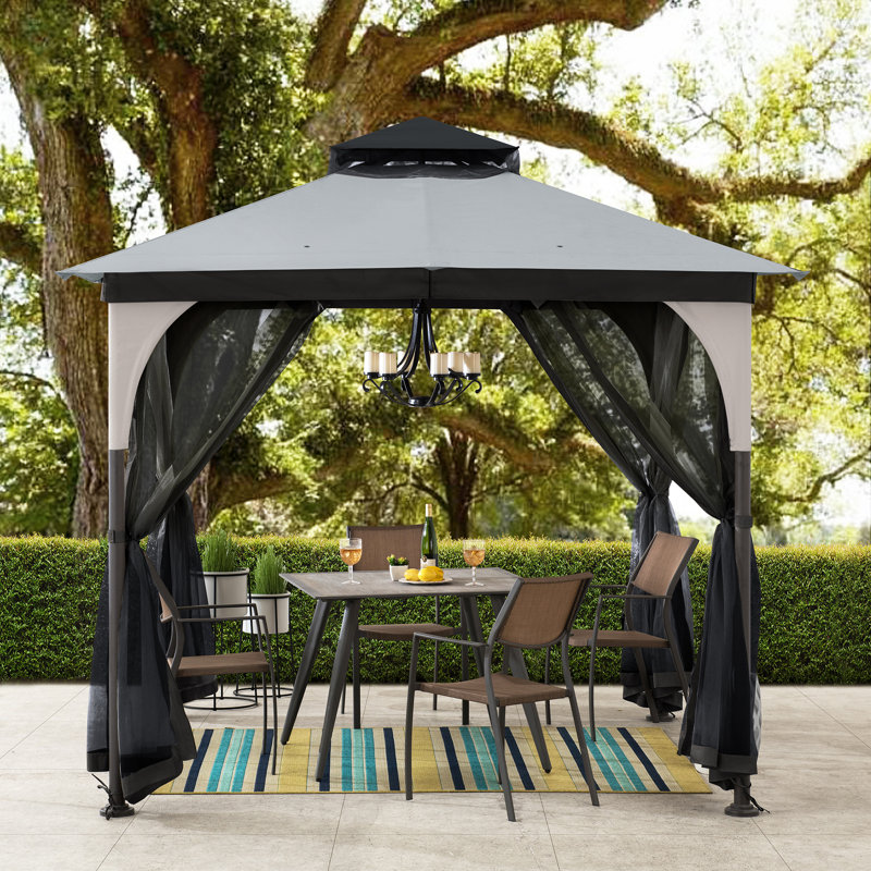 Pavillon de jardin 9 pi x 9 pi Sunjoy avec toit à 2 niveaux, pavillon en acier à toit souple avec crochet de plafond et moustiquaire