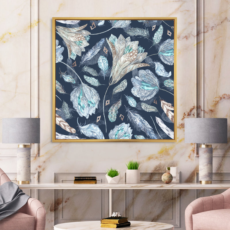 Motif botanique bleu marine - peinture sur toile, Encadrement doré, H 30 po x l 30 po x P 1 po