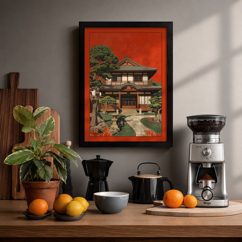 Japanese House With Pine Japandi - Print, Black, A4 - 29.7 x 21.0 cm