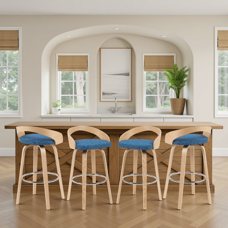 Maxime Modern Swivel Bar or Counter Stool with Upholstered Seat and Curved Wood Back, Bar Stool (30" Seat Height), Blue, 4