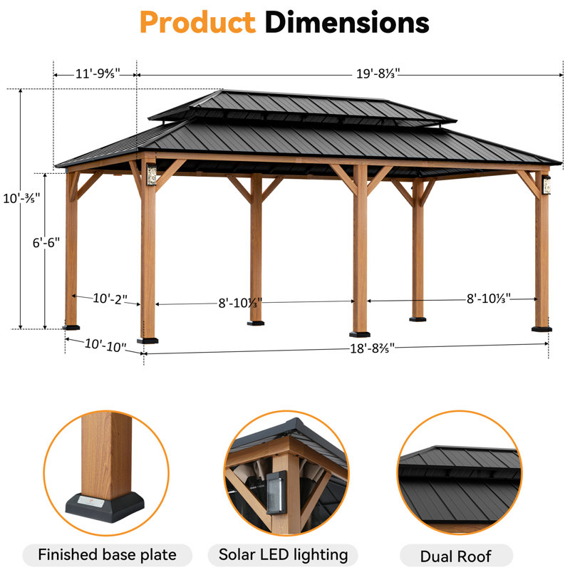 Horizon 12 Ft. X 20 Ft. Hard Top Gazebo With Solar Self Powered Led Lights, Mosquito Netting And Canopy Hook