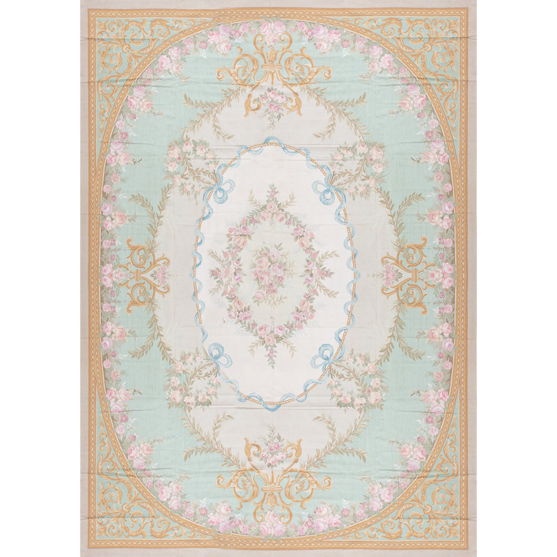 Tapis vert et doré de haute qualité noué à la main