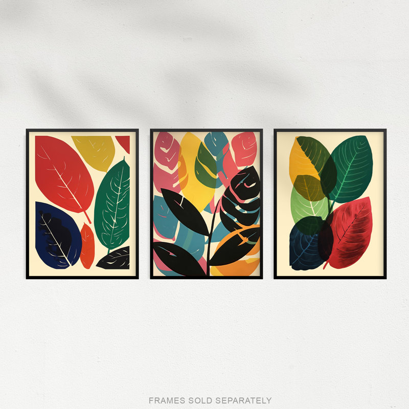 Abstract Leaf Artworks Colourful Boho Leaves - 3 Piece No Frame Print Set, 40.5cm H x 30.5cm W x 0.3cm D