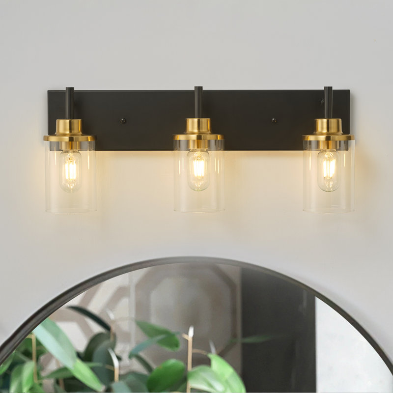 Addam 3 - Light Dimmable  Vanity Bathroom Wall Sconce With Clear Glass, Black/Gold