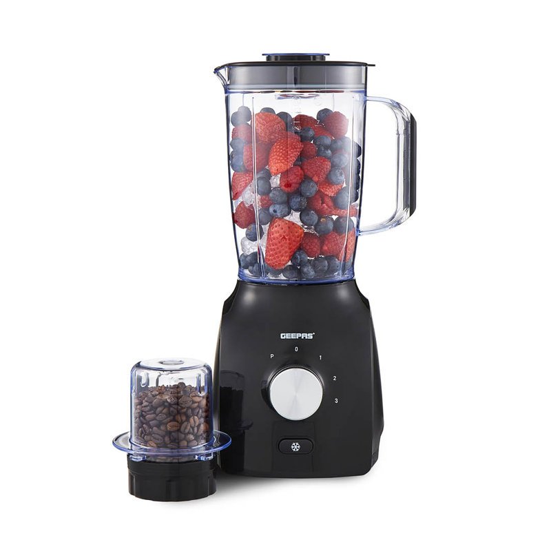 GEEPAS 2-in-1 Food Jug Blender | 1.8L Juice Jar & 60G Mini Coffee Spice Mill | 6-Leaf Stainless-Steel Blades 3 Speed & Pulse Smoothie Maker Turbo Button for Ice Crushing Overheat Protection 600W