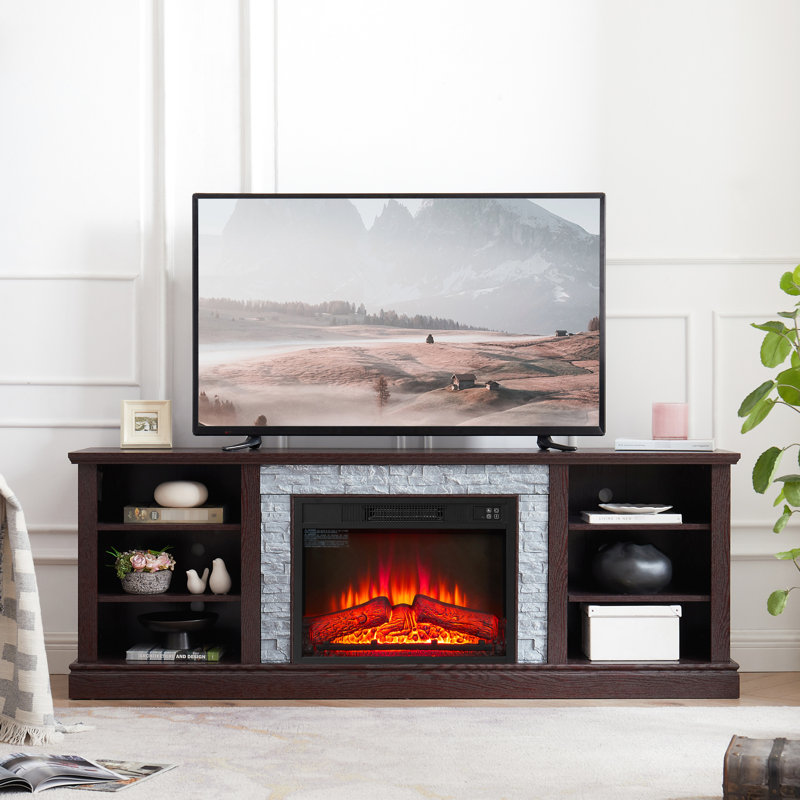 Meuble télé avec foyer et grand rangement, cerisier, h 25,13 po, pouvant accueillir un bureau moderne de 75 po et beaucoup d'espace de rangement, adapté aux téléviseurs