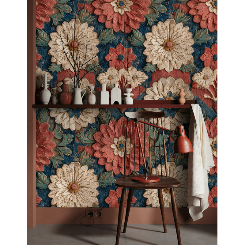 Papier peint Folk Flower - Rouleau adhésif en bois sculpté patiné