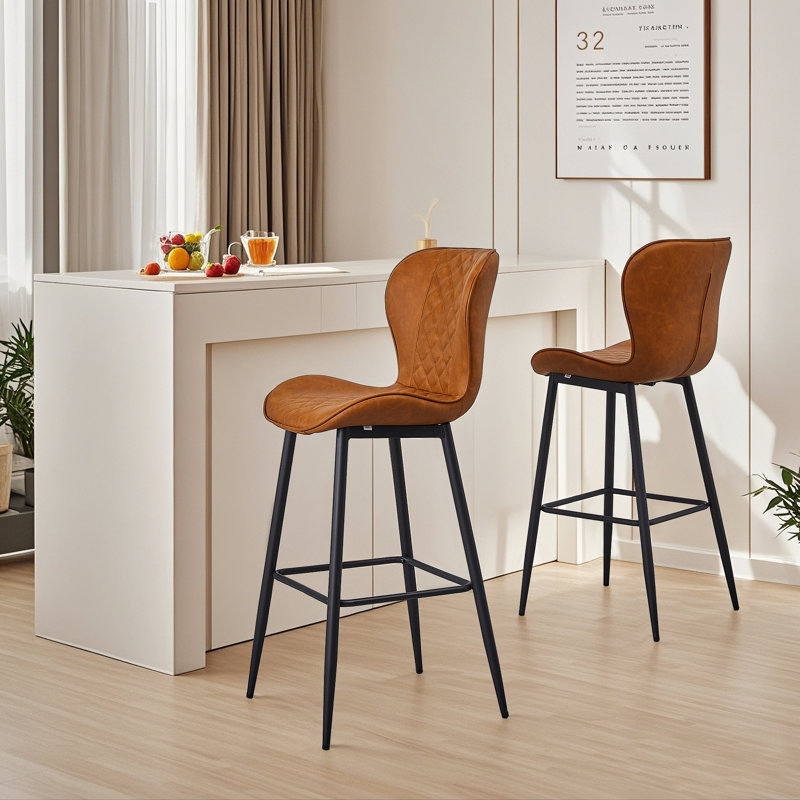 Set Of 2 Bar Stool Faux Leather Counter Height Modern Bar Stools With Back Metal Legs And Footrest Urban Armless Dining Chairs PU Leather Bar Stool  For Kitchen Island Rustic