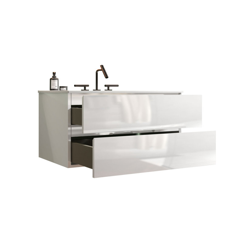 Ensemble de meuble-lavabo mural brillant en céramique blanche et en MDF pour espaces modernes