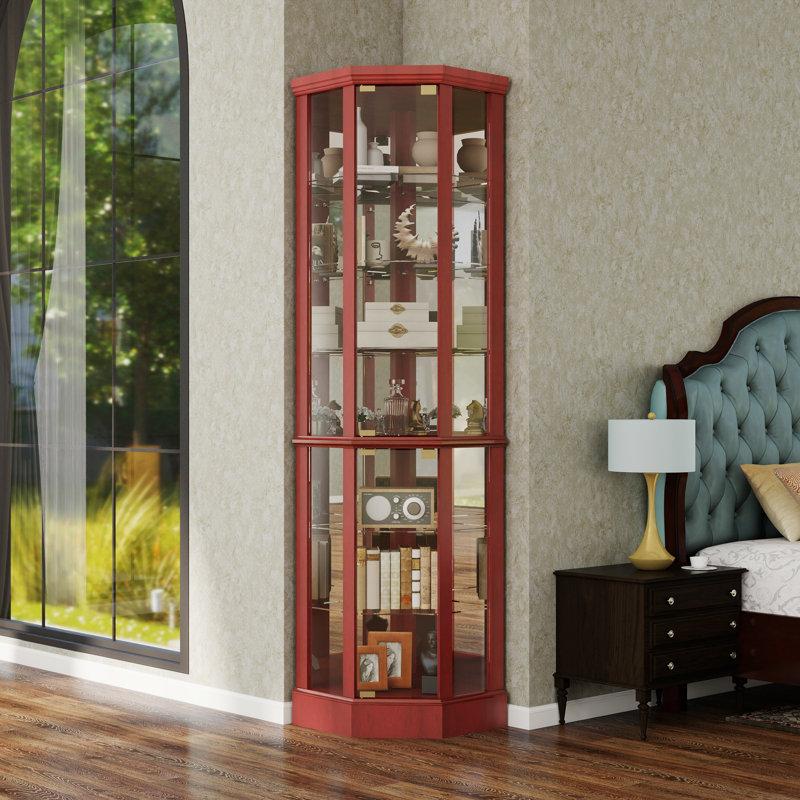 6 Shelf Corner Curio Cabinet with Lighted System Adjustable Tempered Glass Shelves and Mirror Back(E26 light bulb not included)