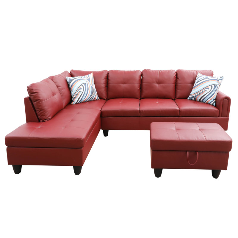 Jayzen 3 - Piece Vegan Sectional, Left Hand Facing, Black, Red Faux Leather