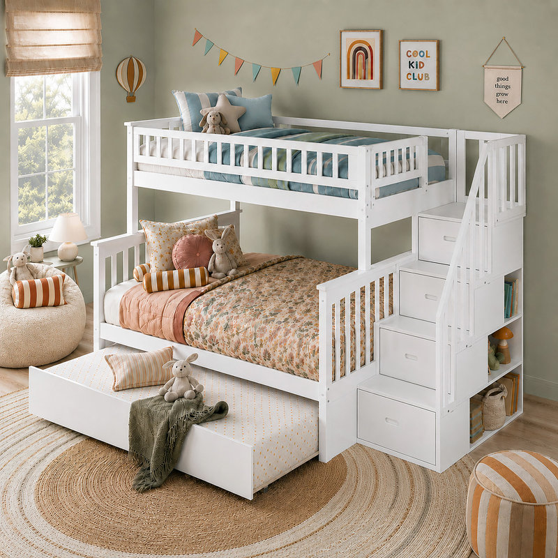 Blaisdell Solid Wood Staircase Kids Bunk Bed with Roll Out Trundle, White, Twin Over Full