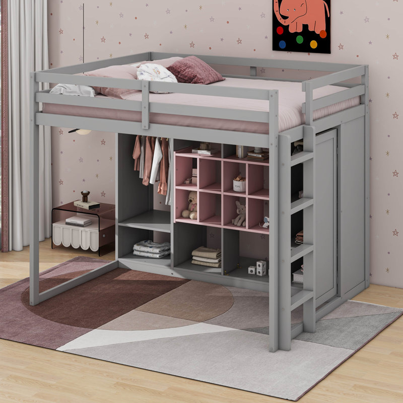  Lit mezzanine en bois avec garde-robe, tablettes de rangement et armoire, Double, Gris / rose