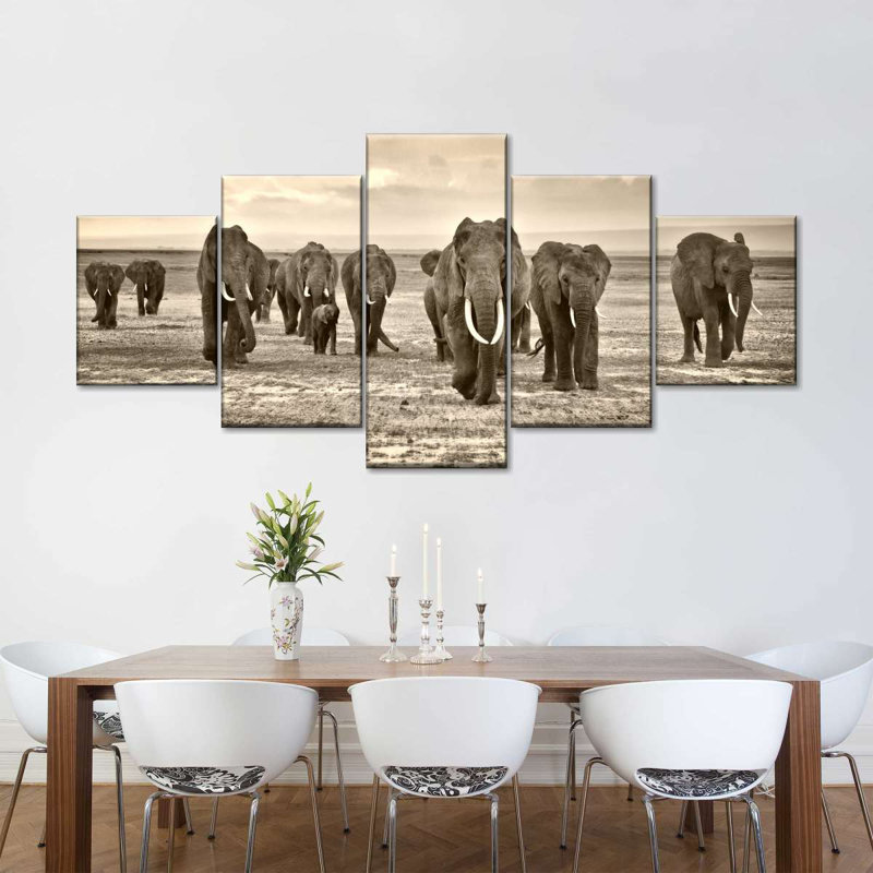Troupeau d'éléphants sur toile 5 pièces, H 24 po x l 55 po x P 1,25 po